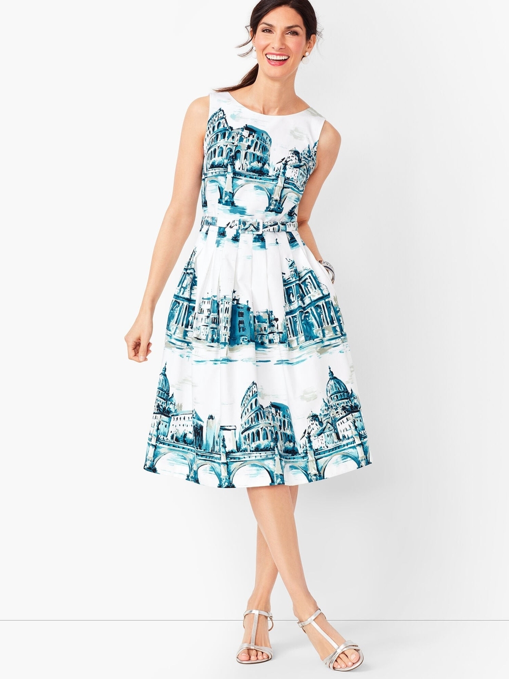 TALBOTS ROME COLOSSEUM WHITE BLUE SCENIC DRESS US 10